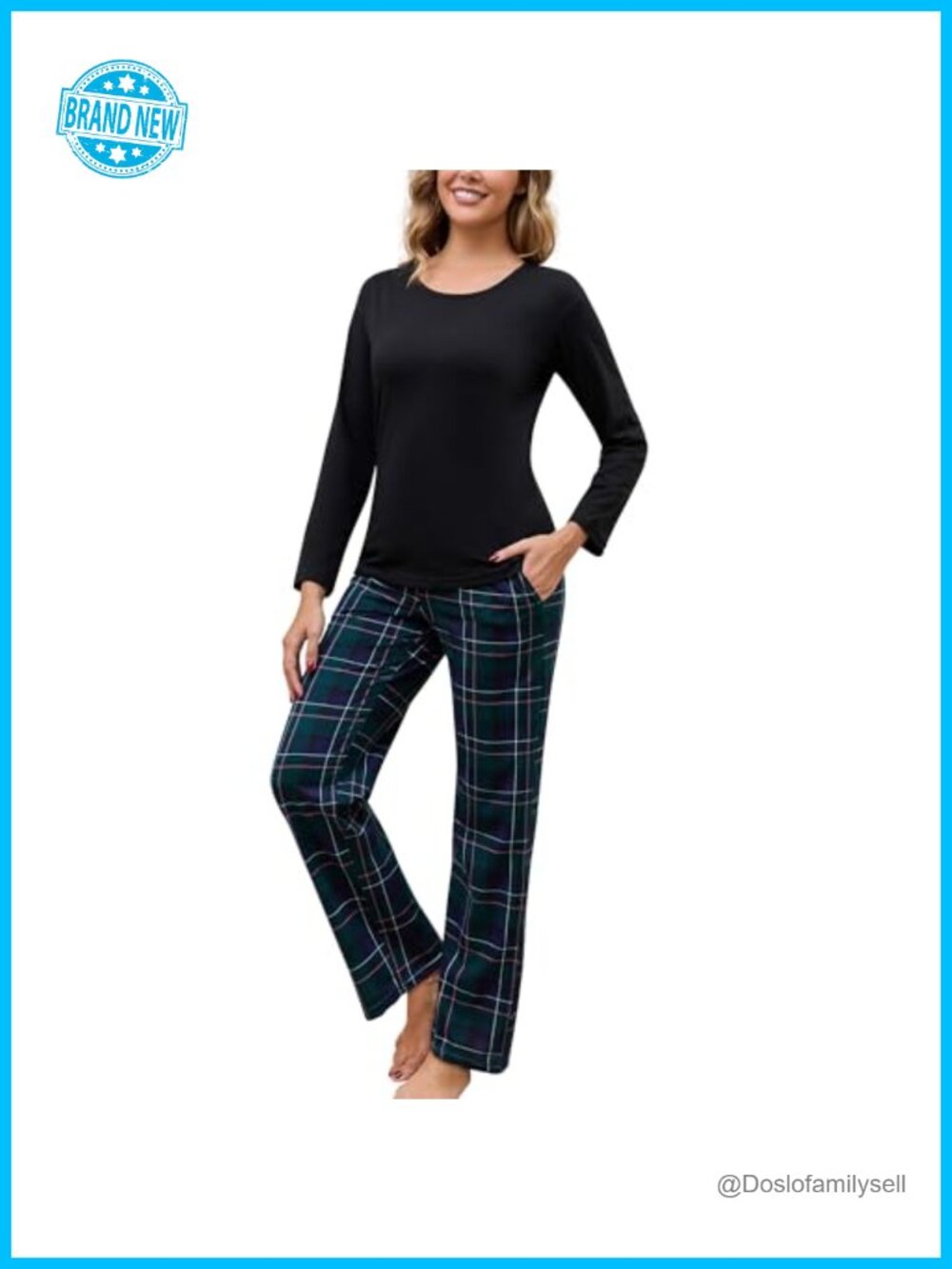 Womens Cotton Pajama Set Long Sleeve Top Full Length Pants Sleepwear